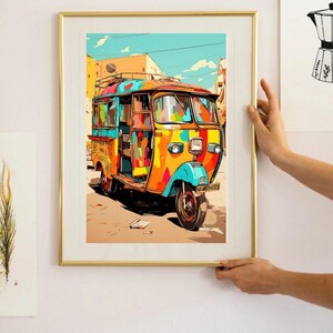 May include: A colorful, vintage-style auto rickshaw, also known as a tuk-tuk, is parked on a street. The rickshaw is painted in bright shades of yellow, orange, blue, and green. It has a large, open passenger area and a small, enclosed driver's compartment.