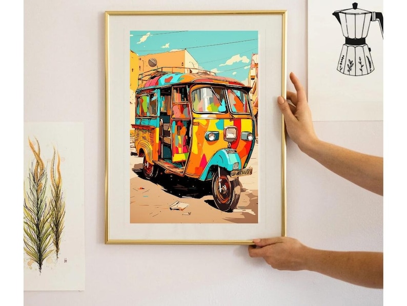 May include: A colorful, vintage-style auto rickshaw, also known as a tuk-tuk, is parked on a street. The rickshaw is painted in bright shades of yellow, orange, blue, and green. It has a large, open passenger area and a small, enclosed driver's compartment.