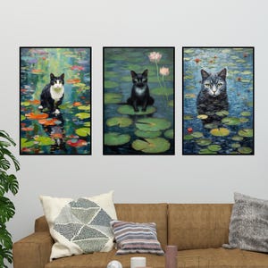 Set van 3, Gustav Klimt-tuin, kattenprint, Klimt bloemen kattenposter, zwarte kat kunst, bloemenprint, grappige kat print, grappig cadeau, woondecoratie