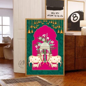 Indian Pichwai , Indian art Pichhwai cow print with lotus, Ethnic art,indian home decor, Indian Lotus Poster,desi print,indian Print