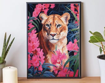Pink Tiger Jungle Print, Whimsical Animal Wall Art (Digital Download)