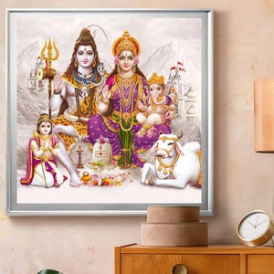 May include: A colorful painting depicting Hindu deities Shiva, Parvati, and Ganesha. Shiva is shown with a third eye and a snake around his neck. Parvati is wearing a purple and gold sari. Ganesha is sitting on a white bull. The painting is set against a background of mountains and clouds.