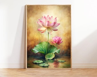 インド_看板アート_トタン_手描き_ライオン_ハスの花 赤い蓮のアートプリント、インドの壁アート、ヴィンテージ植物プリント