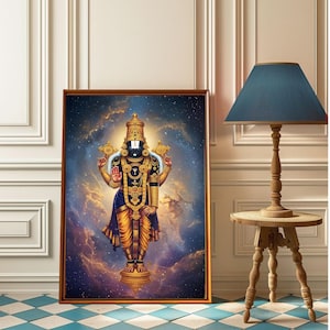 May include: A framed print of a Hindu deity, Vishnu, standing in a cosmic background of swirling clouds and stars. He is depicted in a golden crown and ornate jewelry, with a dark blue body and a yellow dhoti.