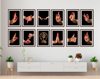 Set mit 12 Bharatanatyam Mudras, Poster mit Tänzerfüßen, Kunst von südasiatischen Mädchen mit dunkler Hautfarbe, Desi-Kunst, Porträt eines tamilischen Mädchens, Kunst von indischen klassischen Tänzerinnen