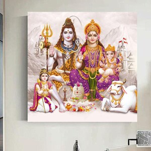 May include: A colorful painting depicting a Hindu deity family. Shiva, Parvati, and Ganesha are depicted in a traditional style with vibrant colors and intricate details. The painting also features a white cow.