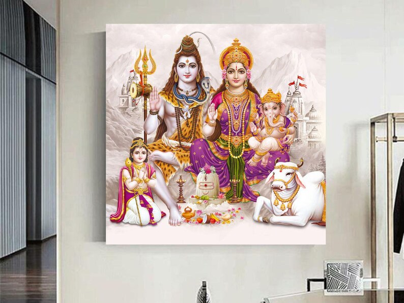 May include: A colorful painting depicting a Hindu deity family. Shiva, Parvati, and Ganesha are depicted in a traditional style with vibrant colors and intricate details. The painting also features a white cow.