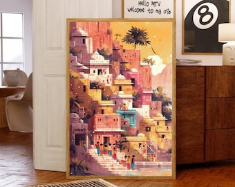 Indian Desi Wall Art Print Poster - Indian Old City Market ,Indian Pop Art,Desi Illustrations, Home Wall Decor, Vintage, Digital Download