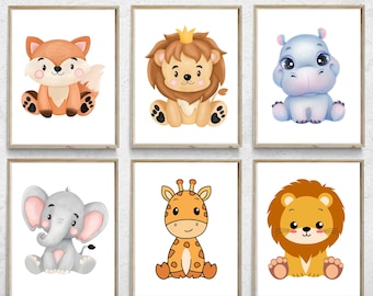 Safari Nursery Decor, Safari Nursery Prints, Safari Baby Animal Prints for Nursery, Nursery Wall Art, Safari Animals Nursery Art 6 Prints