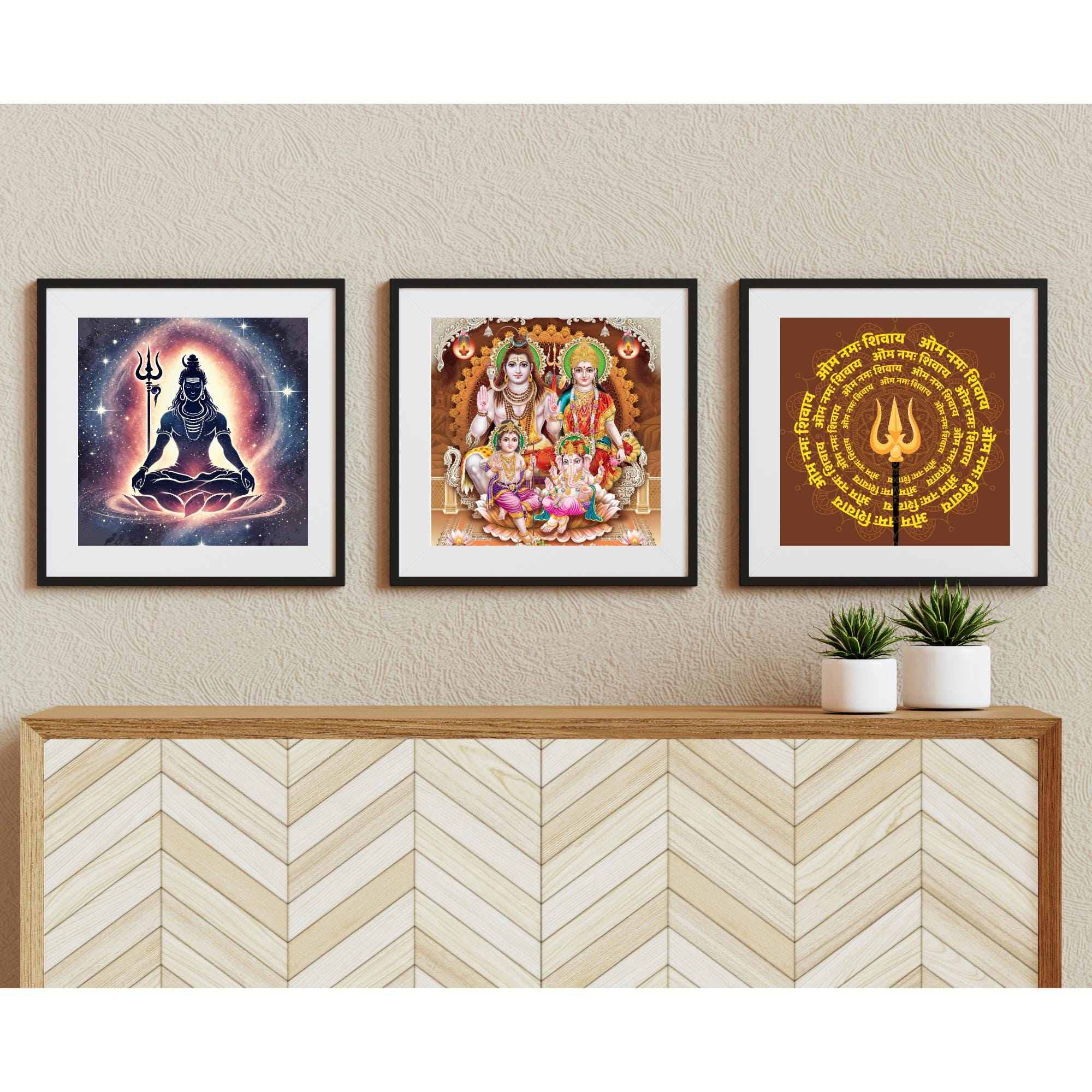 シヴァ一家、3点セット、ヒンドゥー教の神々の絵画、インドの美術絵画