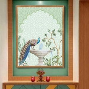 Peacock Mughal Indian Art, Floral Nature Prints, Living Room decor, Indian Vintage Palace Royal Painting, Poster, Wall Art