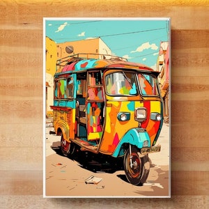 May include: A colorful, three-wheeled auto-rickshaw, also known as a tuk-tuk, is parked on a street in a city. The vehicle is painted in bright shades of yellow, orange, blue, green, and red. The auto-rickshaw has a large, open passenger compartment and a small, enclosed driver's cab.