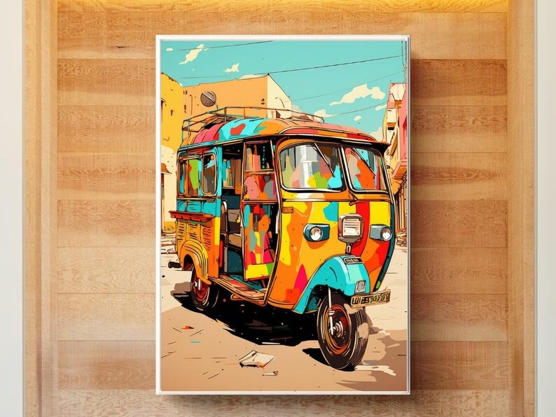 May include: A colorful, three-wheeled auto-rickshaw, also known as a tuk-tuk, is parked on a street in a city. The vehicle is painted in bright shades of yellow, orange, blue, green, and red. The auto-rickshaw has a large, open passenger compartment and a small, enclosed driver's cab.