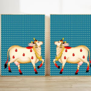 Indian Folk Art, set of 2 , Cow Prints, Living Room decor, Printable Home Decor, Indian Vintage, Lotus, Pichwai Painting, Poster Pichwai Art