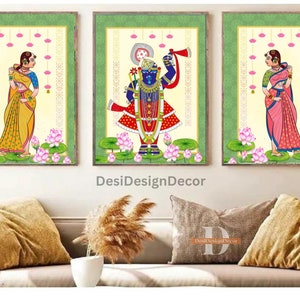 Indian Art Pichwai Shrinathji  ,Indian folk Art, Indian folk Art, Set of 3, pichwai painting, pichwai lotus,  indian woman art,