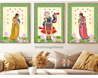 Shrinathji Pichwai Indian Folk Art Prints, Lotus Pond Set of 3 (Digital Download)