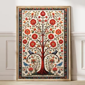 Indian Tree of Life, Floral Prints, Living Room decor, Printable, Indian Vintage, Nature Poster, Birds and trees Paintings