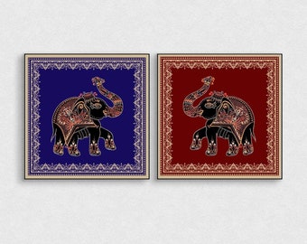 インドの民俗芸術、| 2点セット。象のアート、デジアート、即時ダウンロード、インドの民俗芸術、ポスター、ウォールアート、絵画