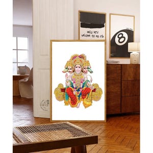 May include: A colorful painting of a Hindu deity with four arms and three heads. The deity is seated on a throne with a golden halo and is surrounded by flowers and other decorative elements.