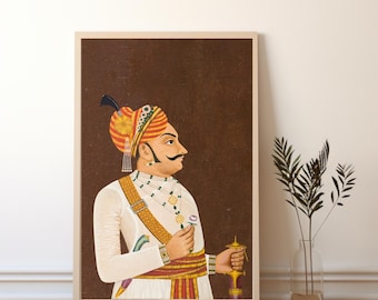 Vintage Mughal-schilderij, Indiase koninklijke kunstposter, traditionele muurdecoratie (direct te downloaden)