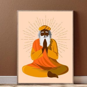 Puede incluir: Una ilustración digital de una persona meditando en posición sentada con las manos en posición de oración. La persona lleva un turbante amarillo y una túnica naranja. El fondo es de color melocotón con un diseño de sol estilizado.