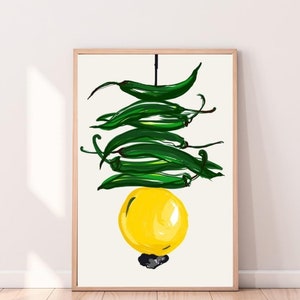 Może przedstawiać: Ilustracja w ramie przedstawiająca żółty cytryn z wiszącym z niego pęczkiem zielonych papryczek chili.