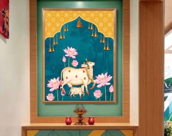 Pichwai indio, arte indio Pichhwai, estampado de vaca con loto, arte étnico, decoración india para el hogar, póster de loto indio, estampado desi, estampado indio