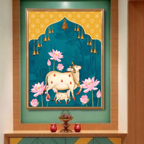 Pichwai indien, impression de vache Pichhwai d'art indien avec lotus, art ethnique, décoration d'intérieur indienne, affiche de lotus indien, impression desi, impression indienne