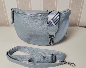 Crossbody bag leather fanny pack for women with 2 straps nappa leather shoulder bag belt bag with patterned straps pastel blue