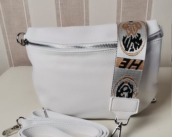 Crossbody Bag Bauchtasche Leder für Sie mit 2x Riemen, Leder Schultertasche,  Gürteltasche mit Gemusterten Riemen Weiß