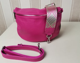 Crossbody Bag GENUINE LEATHER for women with 2 straps, shoulder bag, belt bag with fuchsia patterned straps