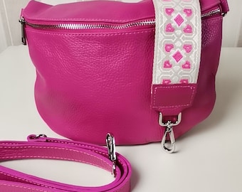 Crossbody Ba bum bag genuine leather for women with 2 straps, shoulder bag, belt bag with fuchsia patterned straps