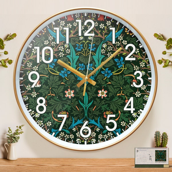 Horloge florale William Morris, horloge murale végétale rétro, décoration d'intérieur de style nordique, horloge à quartz silencieuse circulaire, cadeau de Noël