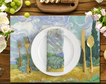 Van Gogh Art Napkins Platemat Sets, Line Kitchen Dinnerware Napkin And Placemat, Handmade Linen Placemats, Wheat Field with Cypresses