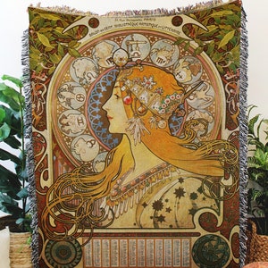 Alfons Mucha Art Nouveau Large Dorm Tapestry|Artistic Girl Woven Blanket|Retro Home Decoration|Victorian Art|Mucha Blanket|Housewarming Gift