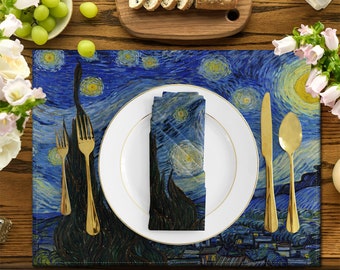 Starry Night Art Placemats Set, Vintage Decor,Van Gogh Art Tableware,Natural Linen Table Placemats,Housewarming Gifts,Gifts for Mom