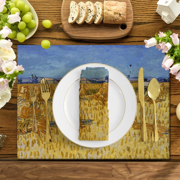 Harvest in Provence Platemat, Van Gogh Decor Plant Napkins, Kitchen Dinnerware Sets, Linen Tableware, Van Gogh dining table decorations