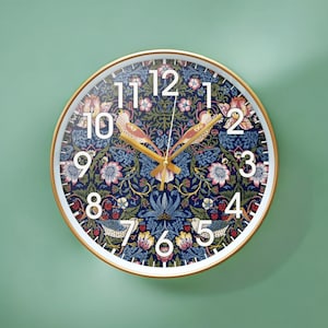 Väggklocka med jordgubbstjuven, William Morris konstklocka, modern tyst klocka, unik klocka, fyra årstider, vardagsrumsdekoration, speciell present