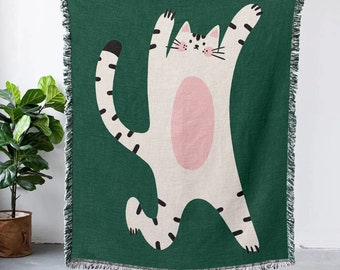 Cat Throws Blanket, Dancing Cat Blanket, Cat Lover Blanket, Animal Woven Blanket, Gift For Best Friend, Valentines Day Gift, Home Decoration