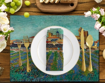 Van Gogh Oil Art Vintage Placemats, Line Matching Placemats Napkin And Placemat, Handmade Linen Placemats,Van Gogh Vintage Decor