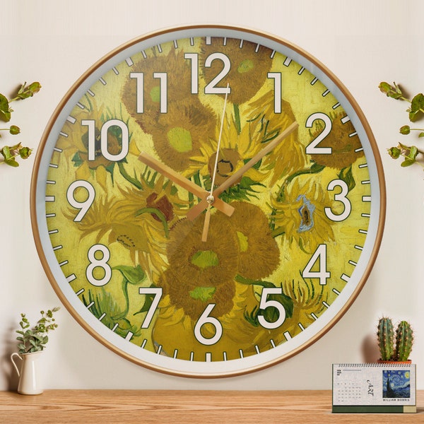 Horloge florale Van Gogh, horloge silencieuse tournesol, horloge murale végétale, décoration de maison, horloge ronde spéciale, cadeau d'anniversaire, cadeau de pendaison de crémaillère