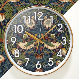 Reloj ladrón de fresa verde, reloj de pared retro William Morris, reloj decorativo de salón con pájaros, regalo de aniversario, regalo de Navidad