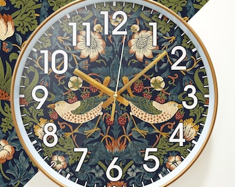 Grüne Erdbeerdieb Uhr, William Morris Retro Wanduhr, Wohnzimmer dekorative Uhr mit Vögeln, Jahrestagsgeschenk, Weihnachtsgeschenk