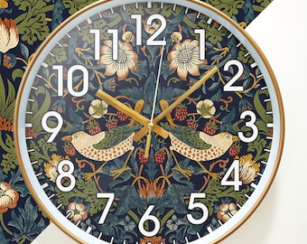 Green Strawberry Thief Clock, William Morris Retro Wall Clock, Living Room Decorative Clock With Birds, Anniversary Gift, Christmas Gift