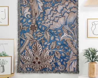 Vintage Flower Pattern Woven Throw Blanket|130*160 Abstract Art Woven Blanket|William Morris Vintage Flower Cotton Blanket|Blue Blanket