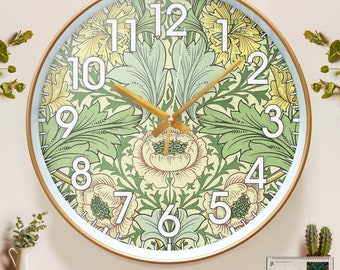 William Morris Wall Clock, Retro Flower Silent Clock, Morris Art Green Plant Clock, Arabic Numeral Roman Numeral Clock, Housewarming Gift