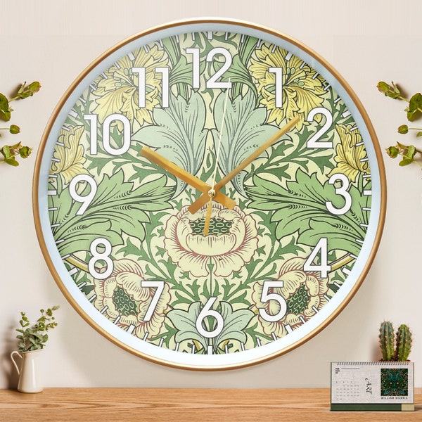 Horloge murale William Morris, horloge silencieuse fleur rétro, horloge plante verte Morris Art, horloge chiffres arabes et chiffres romains, cadeau de pendaison de crémaillère