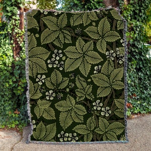 Gröna löv växtvävd filt, William Morris retro plädgobeläng, sofffilt present till mamma, gobeläng heminredning