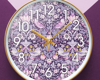 Strawberry Thief Wall Clock, William Morris Retro Clock, Flower and Bird Clock, Home Decoration, Silent Quartz Clock, Birthday Gift