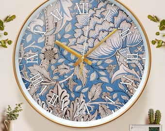 William Morris Clock, Retro Blue Flower Wall Clock, Morris Art Silent Clock, Living Room Decorative Clock, Housewarming Gift, Christmas Gift